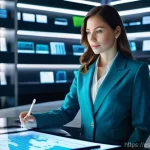 Home 9 변리사로서의 지속 가능한 커리어 설계 - **Prompt:** A highly focused female patent lawyer, mid-30s, in a brightly lit, futuristic office set...