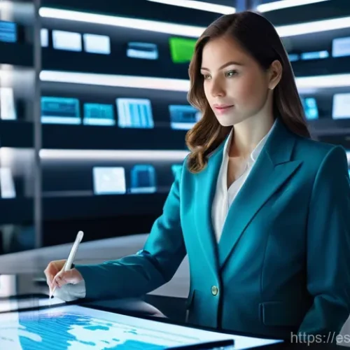 Home 21 변리사로서의 지속 가능한 커리어 설계 - **Prompt:** A highly focused female patent lawyer, mid-30s, in a brightly lit, futuristic office set...