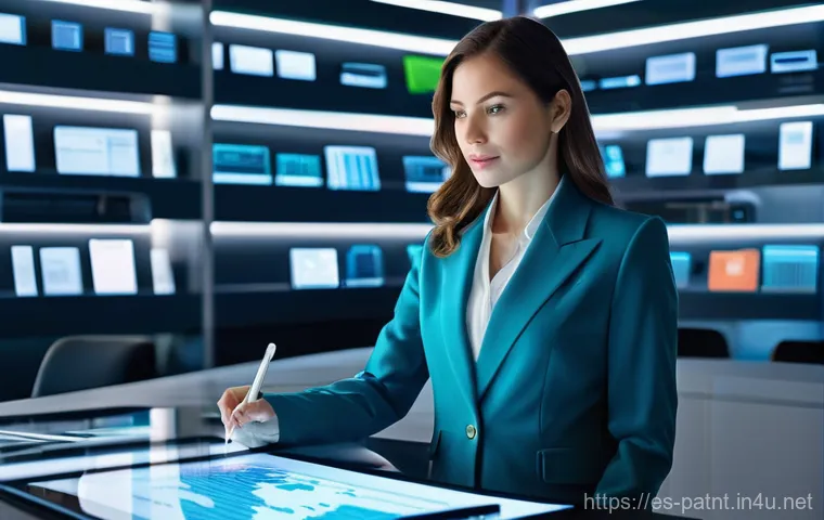 변리사로서의 지속 가능한 커리어 설계 - **Prompt:** A highly focused female patent lawyer, mid-30s, in a brightly lit, futuristic office set...