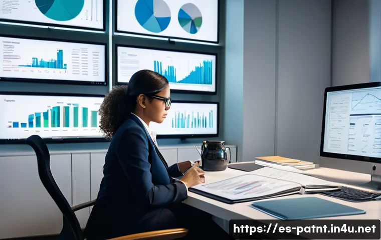 변리사 연봉 협상 전략 - **Image Prompt 1: The Analytical Patent Attorney - Market Research and Specialization**
"A high...