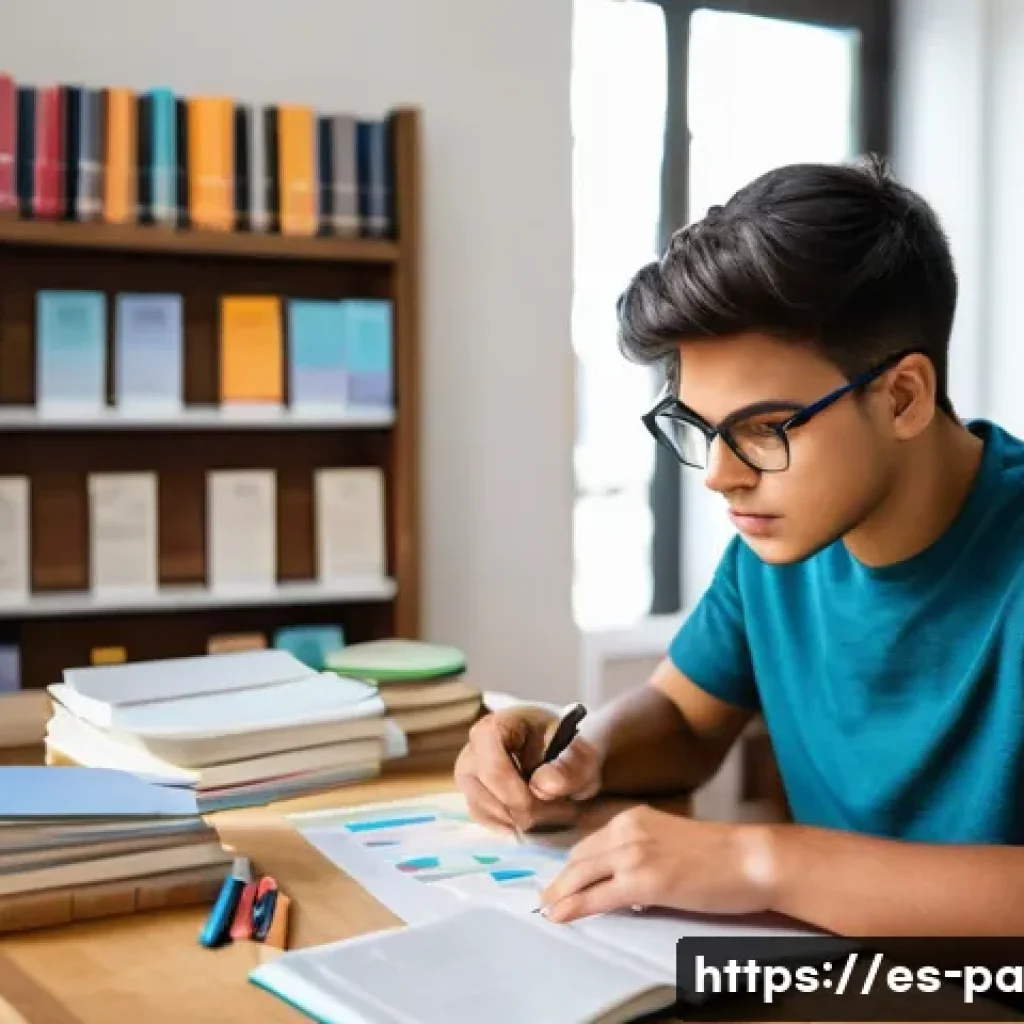 변리사 시험 후기 - A focused study scene showing a young adult Hispanic man sitting at a wooden desk in a cozy, well-li...