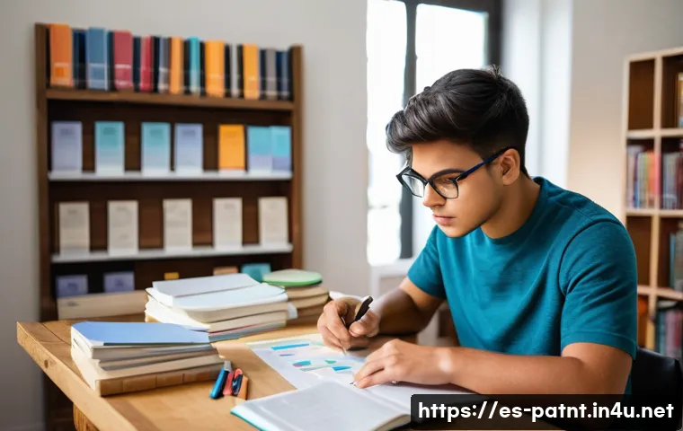 변리사 시험 후기 - A focused study scene showing a young adult Hispanic man sitting at a wooden desk in a cozy, well-li...