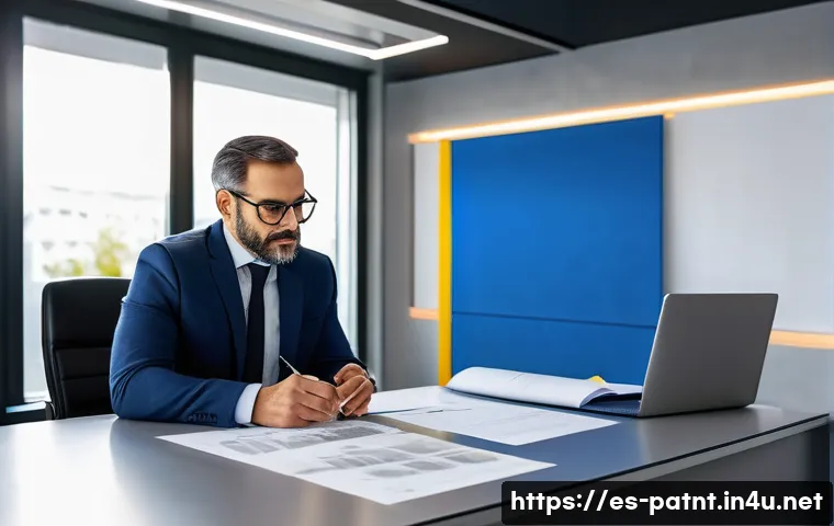 변리사 특허 출원 사례 - A professional office setting showing a Spanish patent attorney advising an inventor on preparing a ...