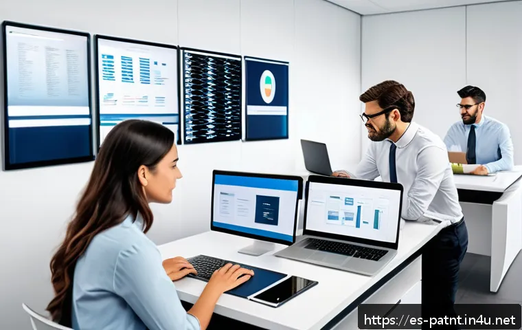 변리사 실무를 위한 필수 소프트웨어 - A modern patent agent&rsquo;s office scene showcasing a diverse professional team collaborating remotely v...