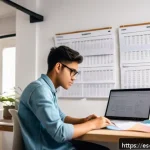 변리사 시험 합격생 인터뷰 - A focused young adult student studying at a modern desk in a cozy, well-lit room with Spanish-langua...