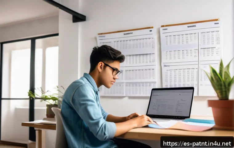 변리사 시험 합격생 인터뷰 - A focused young adult student studying at a modern desk in a cozy, well-lit room with Spanish-langua...