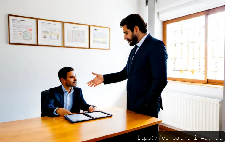 Home 13 변리사와 특허법 차이 - Photorealistic Spanish patent attorney in a smart professional office, calmly advising a small-busin...