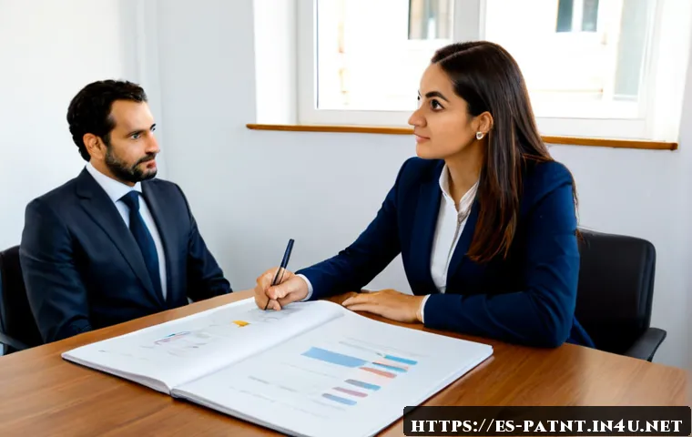 변리사 실무에서의 고객 상담 팁 - Photorealistic Spanish-speaking patent attorney consulting warmly with a small-business inventor in ...